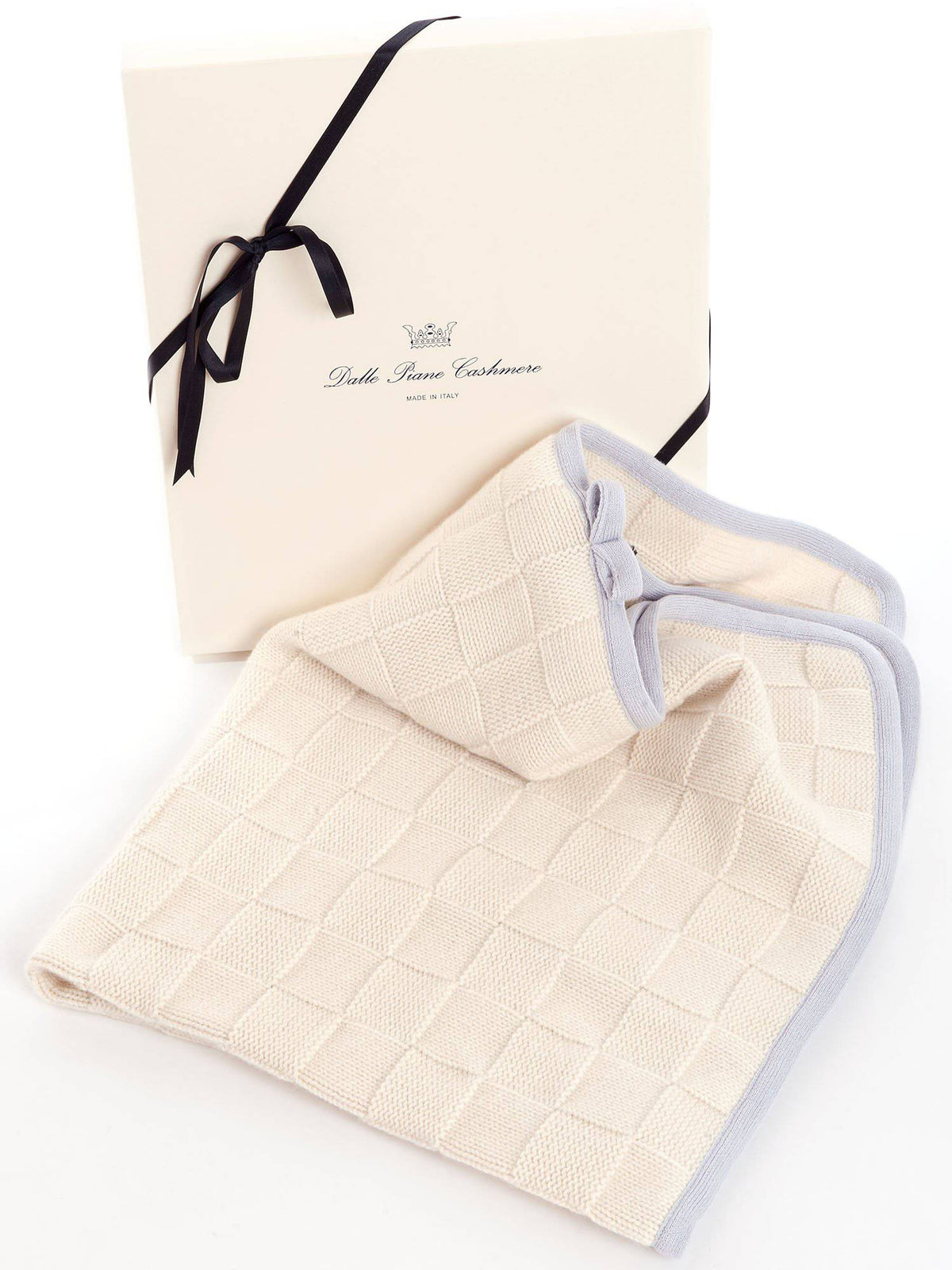 100% cashmere baby blanket with contrast edge, colour Sky | Dalle Piane Cashmere