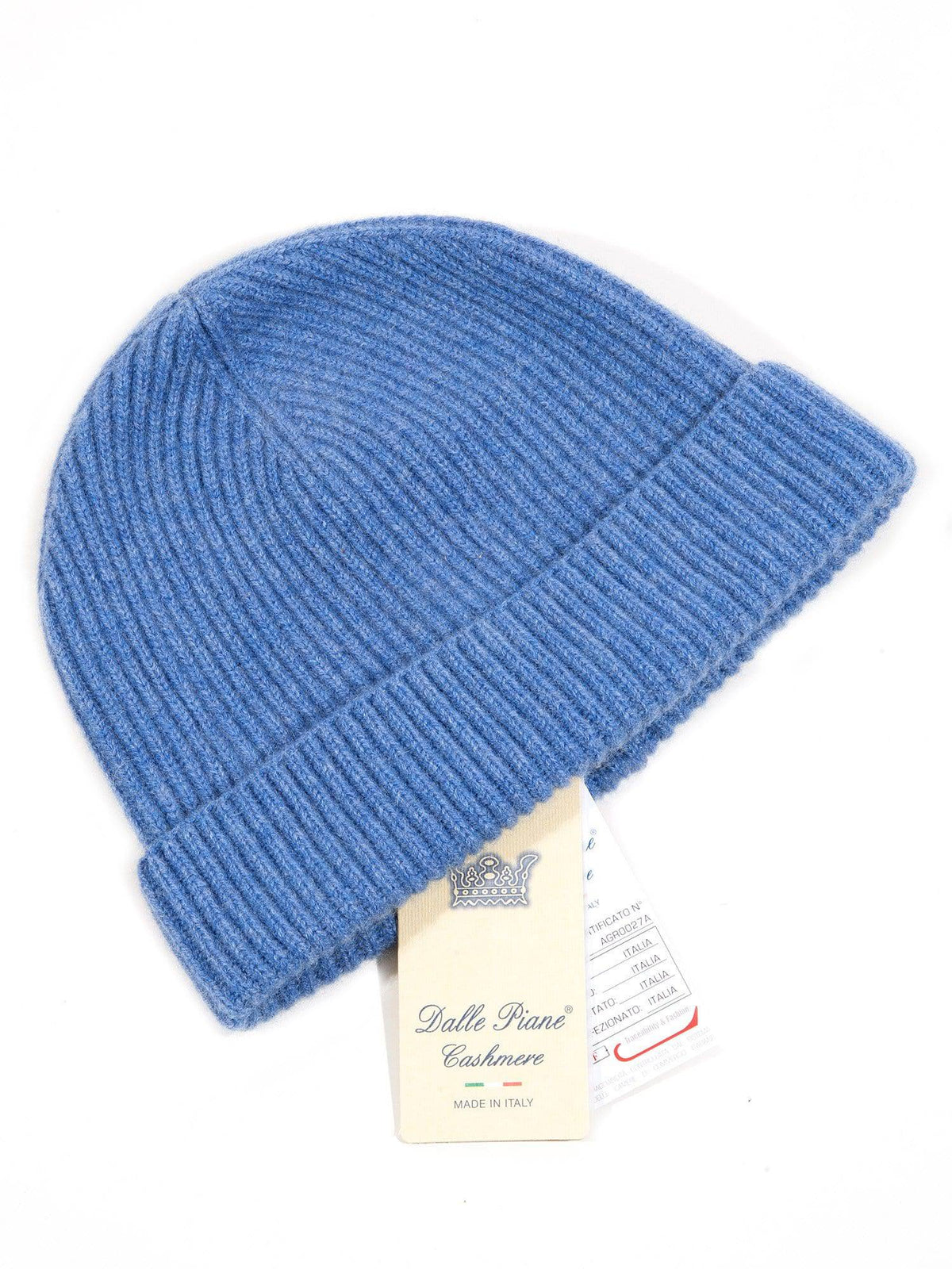 Men's fisherman's rib 100% cashmere beanie, colour Light Blue, view 2 | Dalle Piane Cashmere