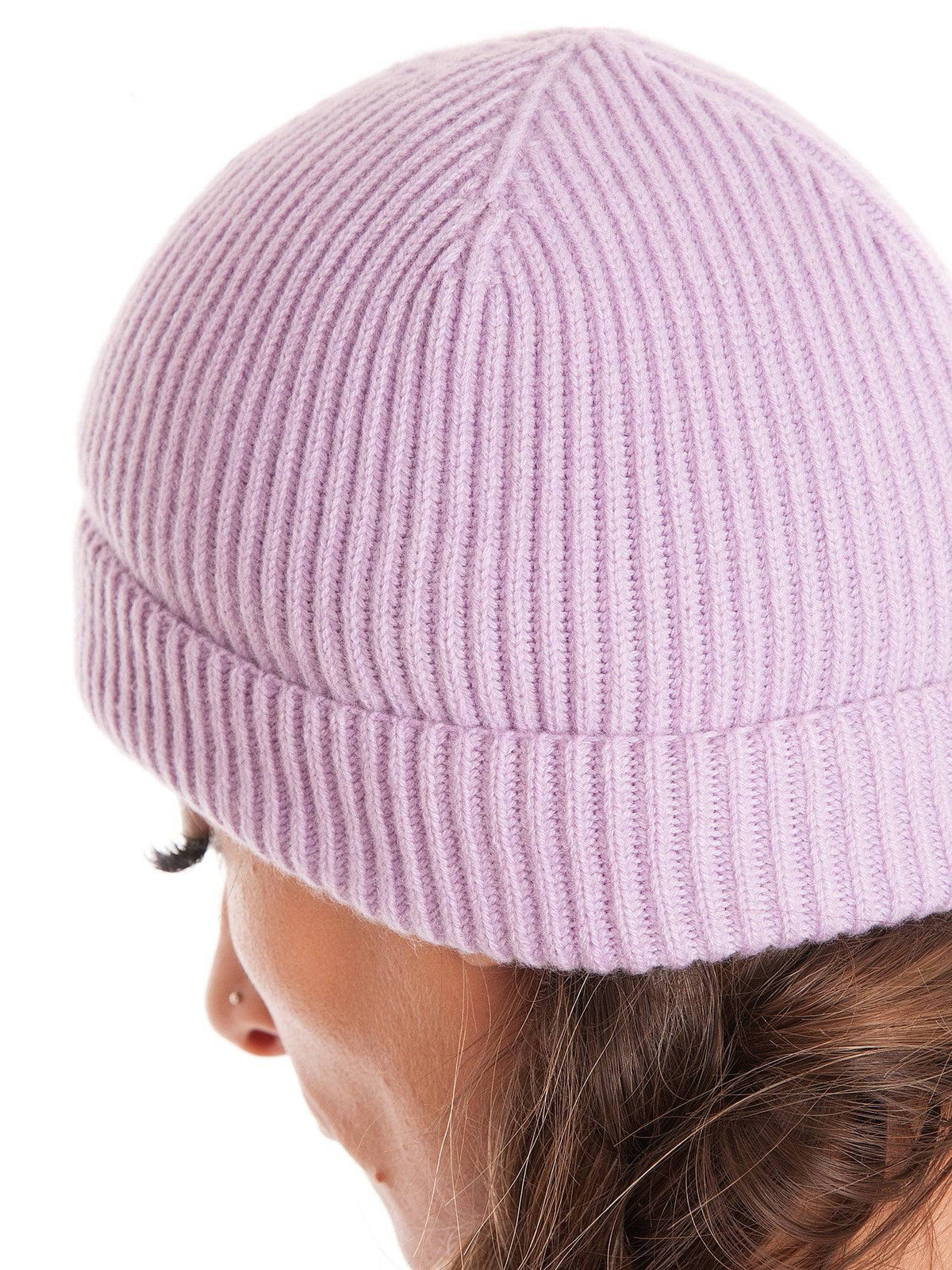 Women's fisherman's rib 100% cashmere beanie, colour Lilac, view 3 | Dalle Piane Cashmere