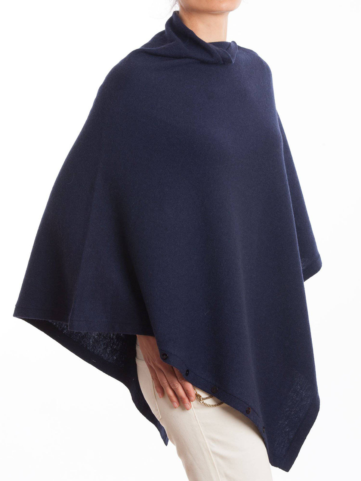 Cashmere blend poncho with buttons, colour Blue, view 2 | Dalle Piane Cashmere