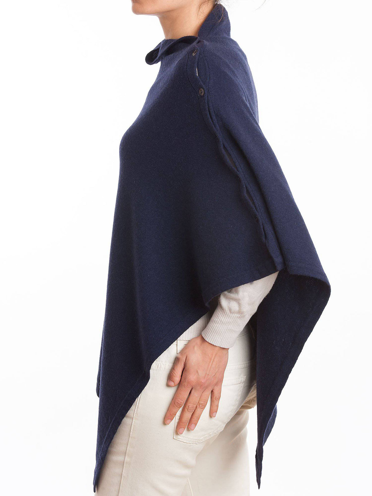 Cashmere blend poncho with buttons, colour Blue, view 4 | Dalle Piane Cashmere