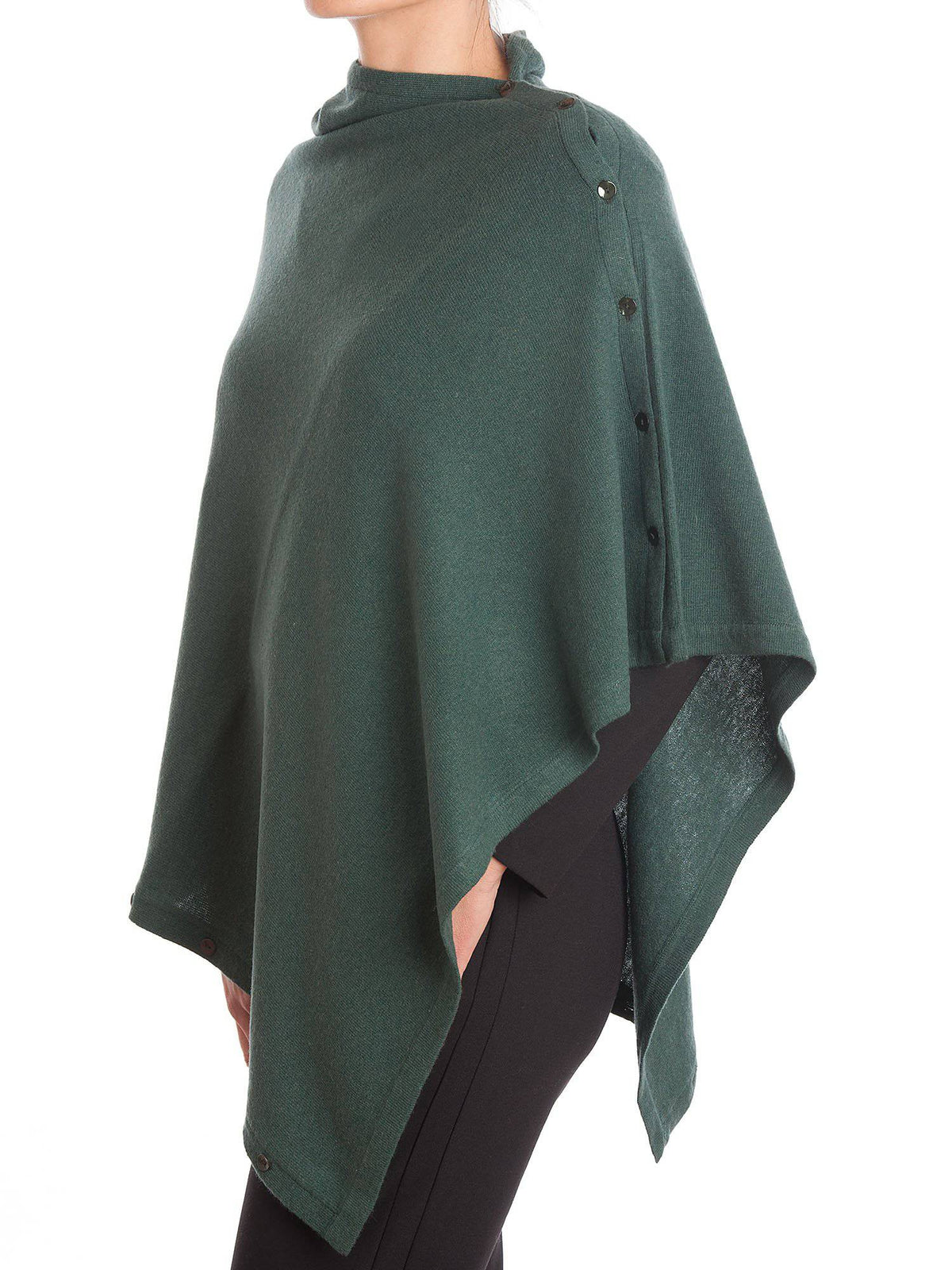 Cashmere blend poncho with buttons, colour Green, view 2 | Dalle Piane Cashmere