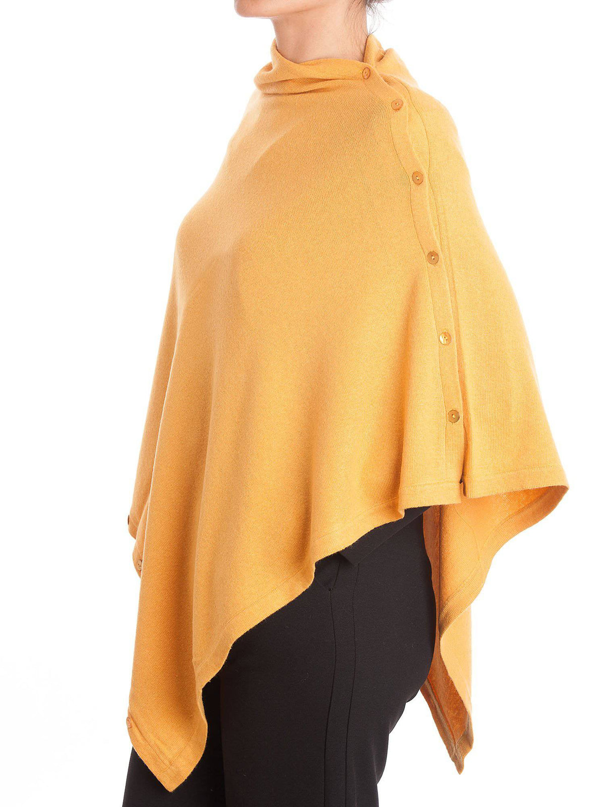Cashmere blend poncho with buttons, colour Yellow, view 2 | Dalle Piane Cashmere