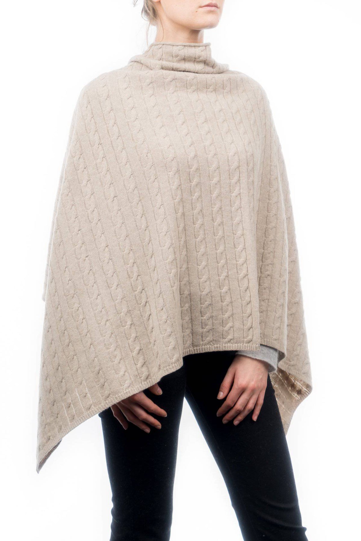 Cable-knit cashmere blend poncho, colour Beige | Dalle Piane Cashmere