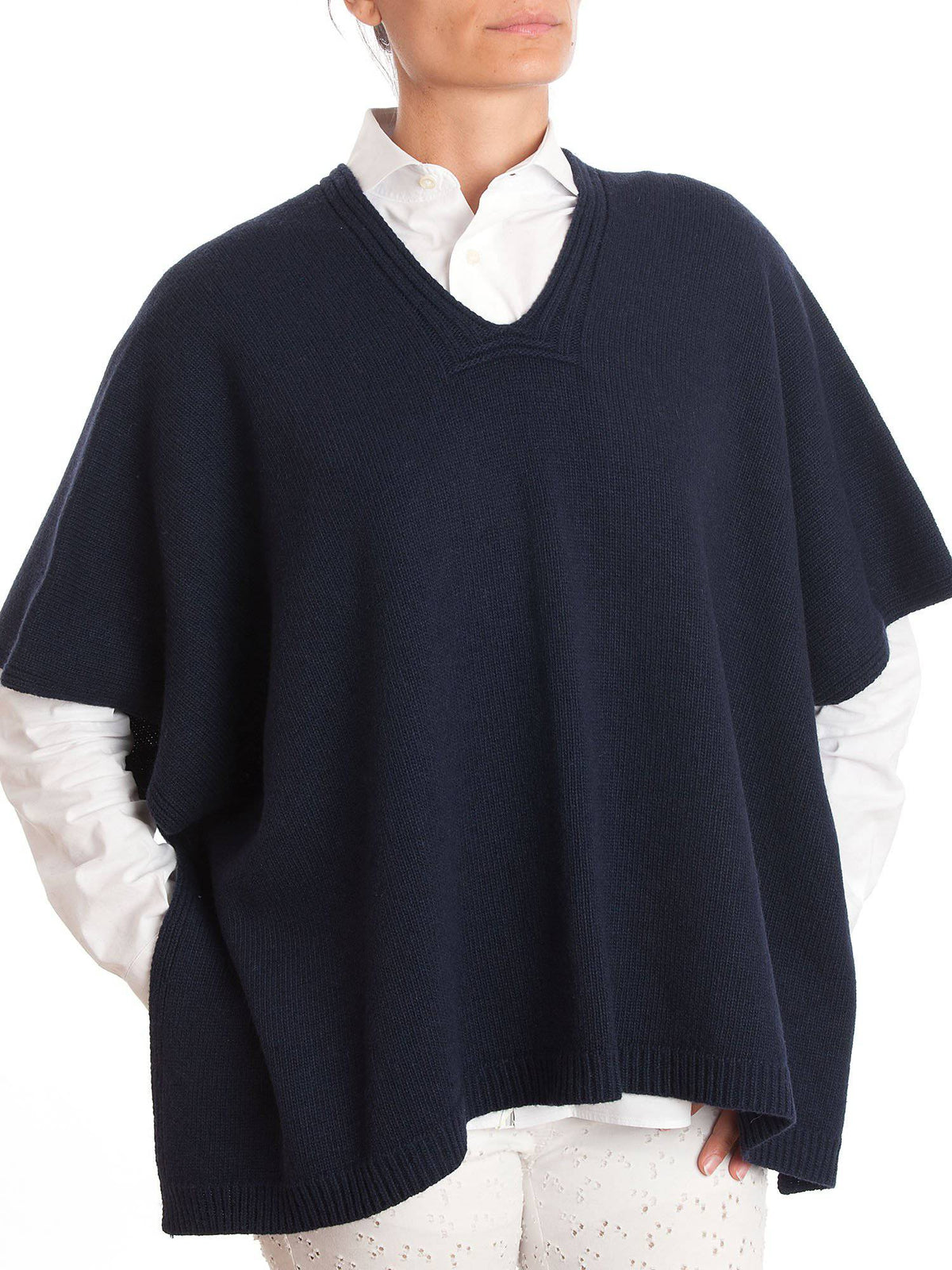 Cashmere blend cape with side buttons, colour Blue | Dalle Piane Cashmere