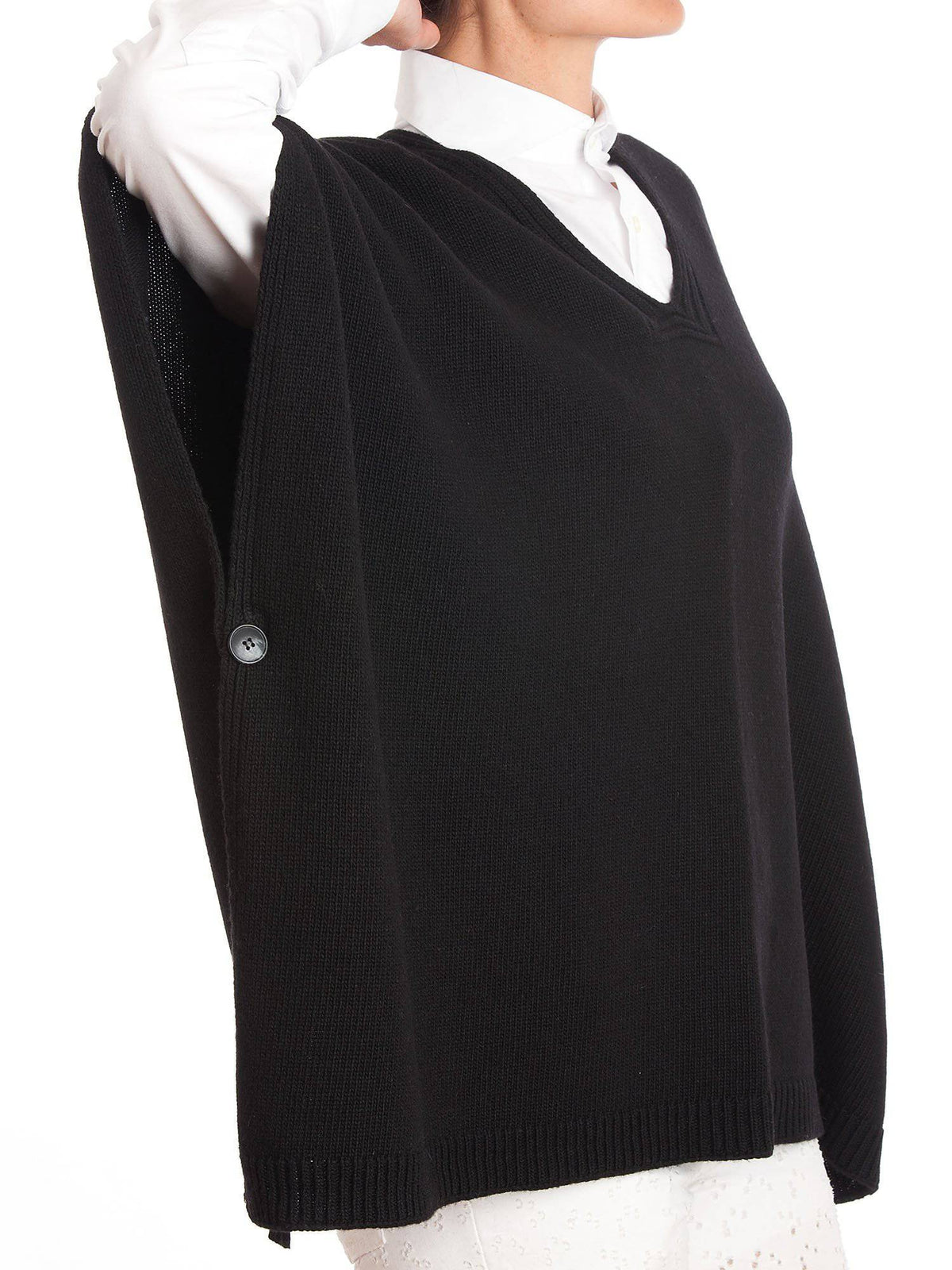 Cashmere blend cape with side buttons, colour Black, view 2 | Dalle Piane Cashmere