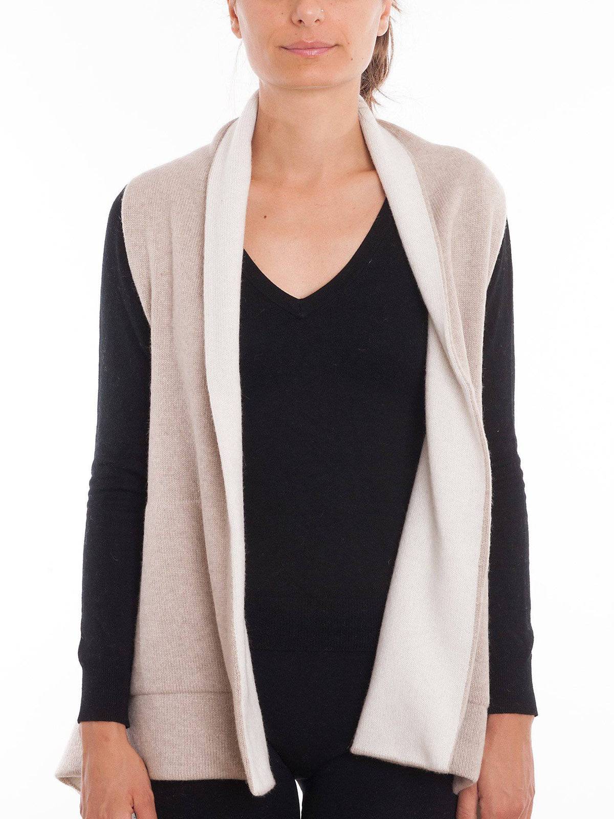 Women's reversible sleeveless cashmere blend cardigan, colour Beige-Cream | Dalle Piane Cashmere