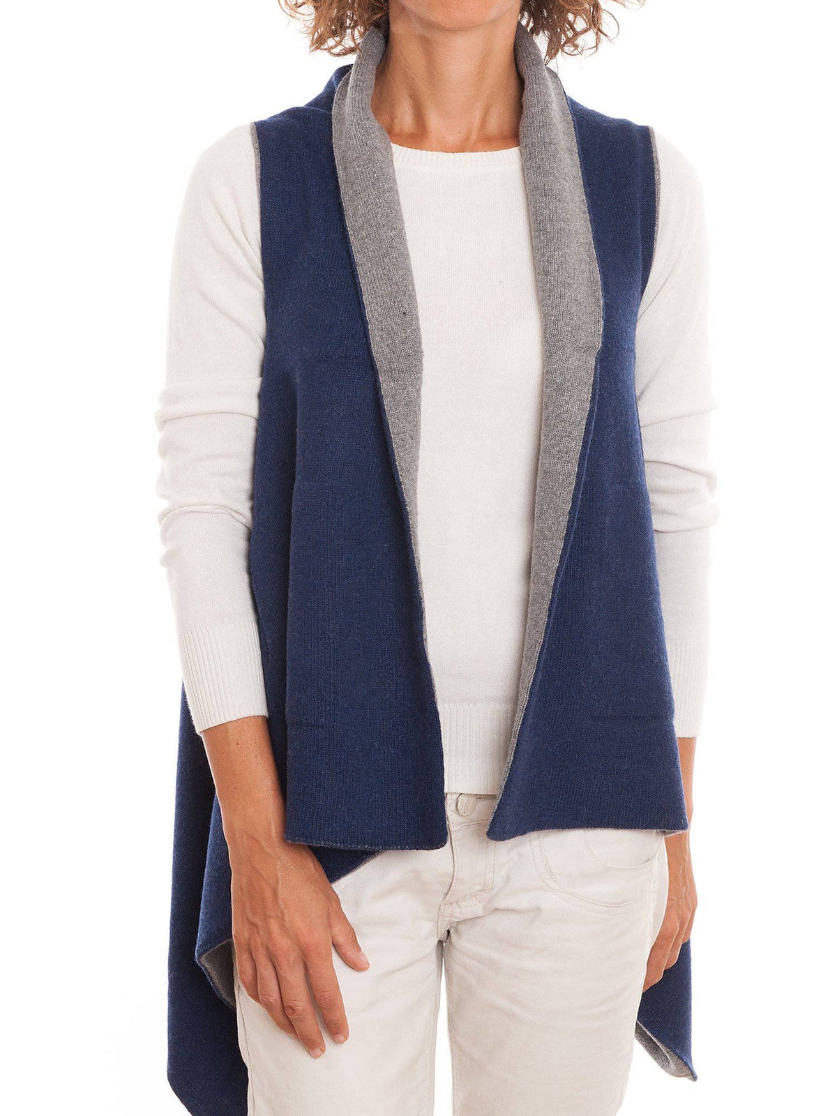Women's reversible sleeveless cashmere blend cardigan, colour Blue-Grey | Dalle Piane Cashmere