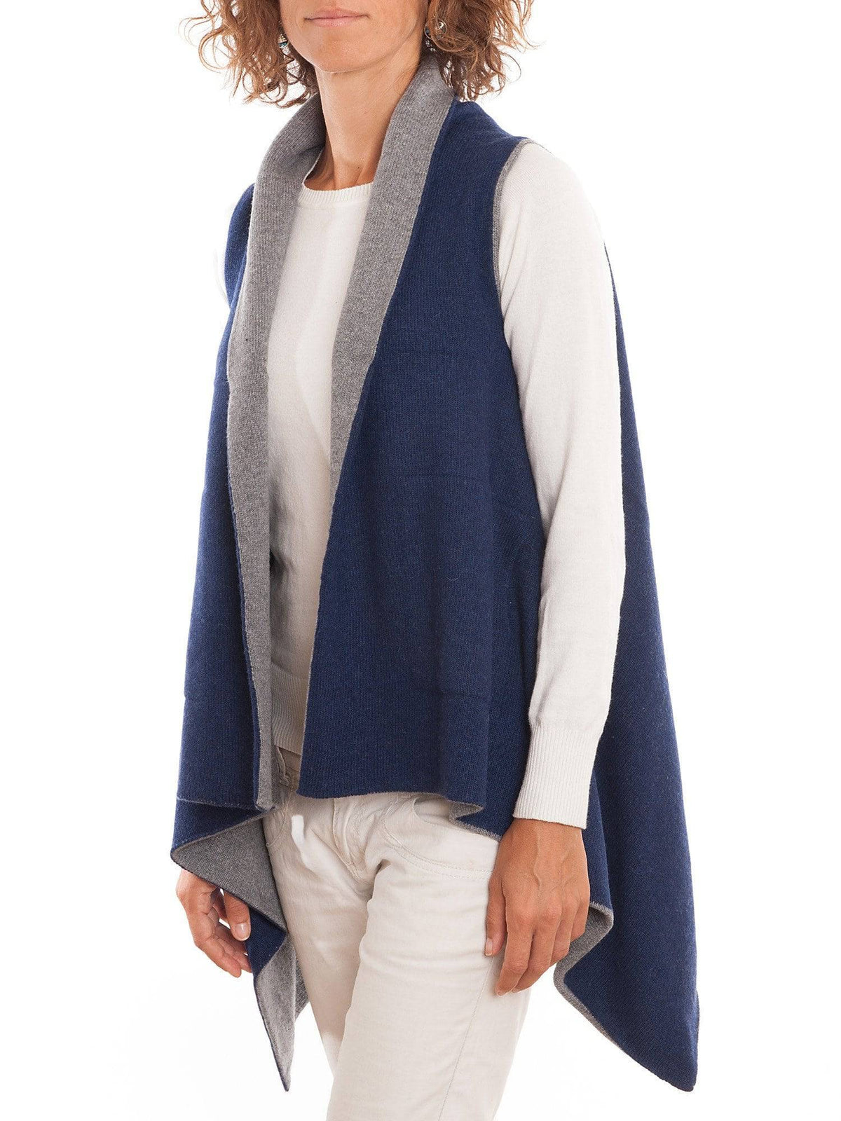Women's reversible sleeveless cashmere blend cardigan, colour Blue-Grey, view 3 | Dalle Piane Cashmere