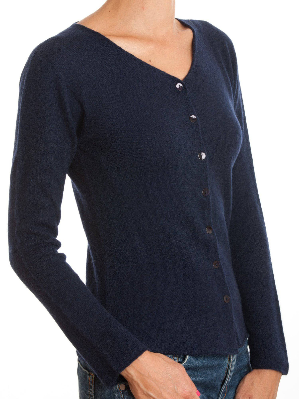 Women's 100% cashmere V-neck cardigan, colour Blue, view 2 | Dalle Piane Cashmere