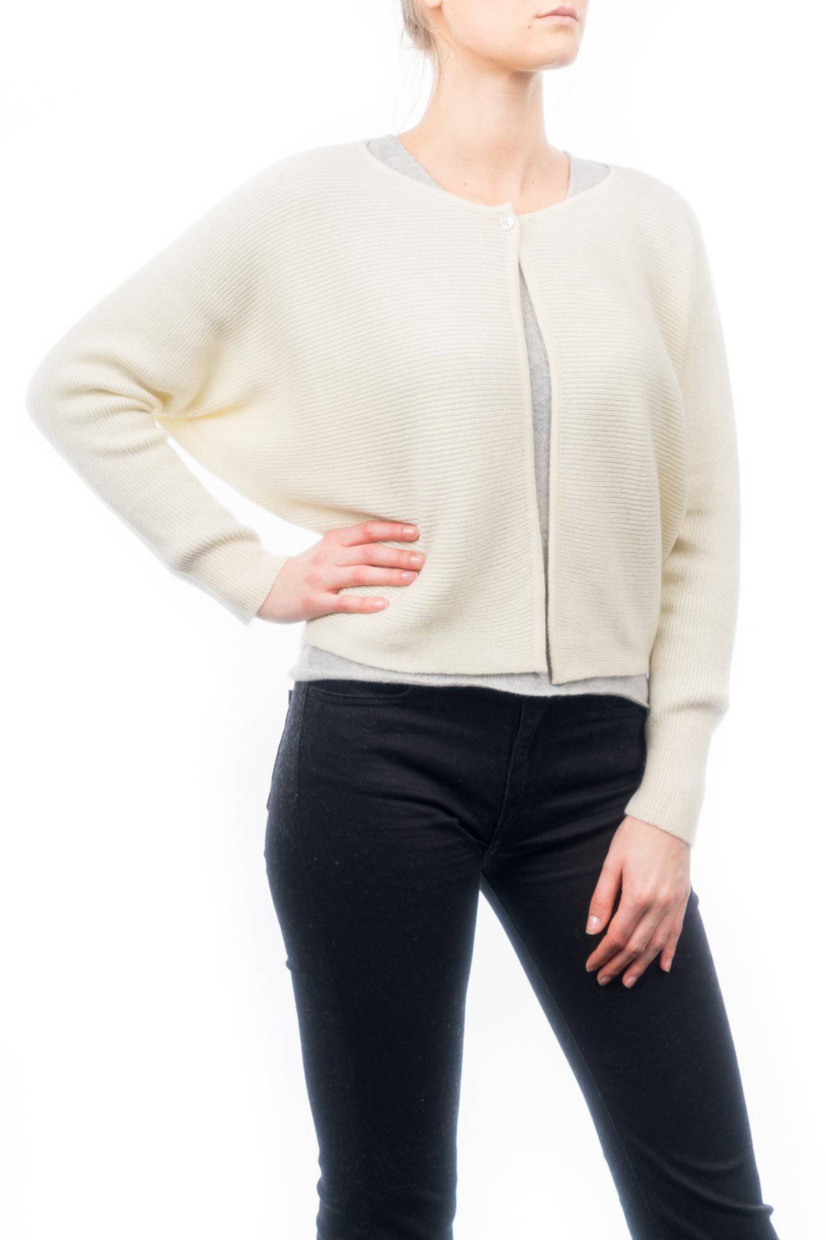 Women's 100% cashmere cropped cardigan, colour Cream, view 2 | Dalle Piane Cashmere