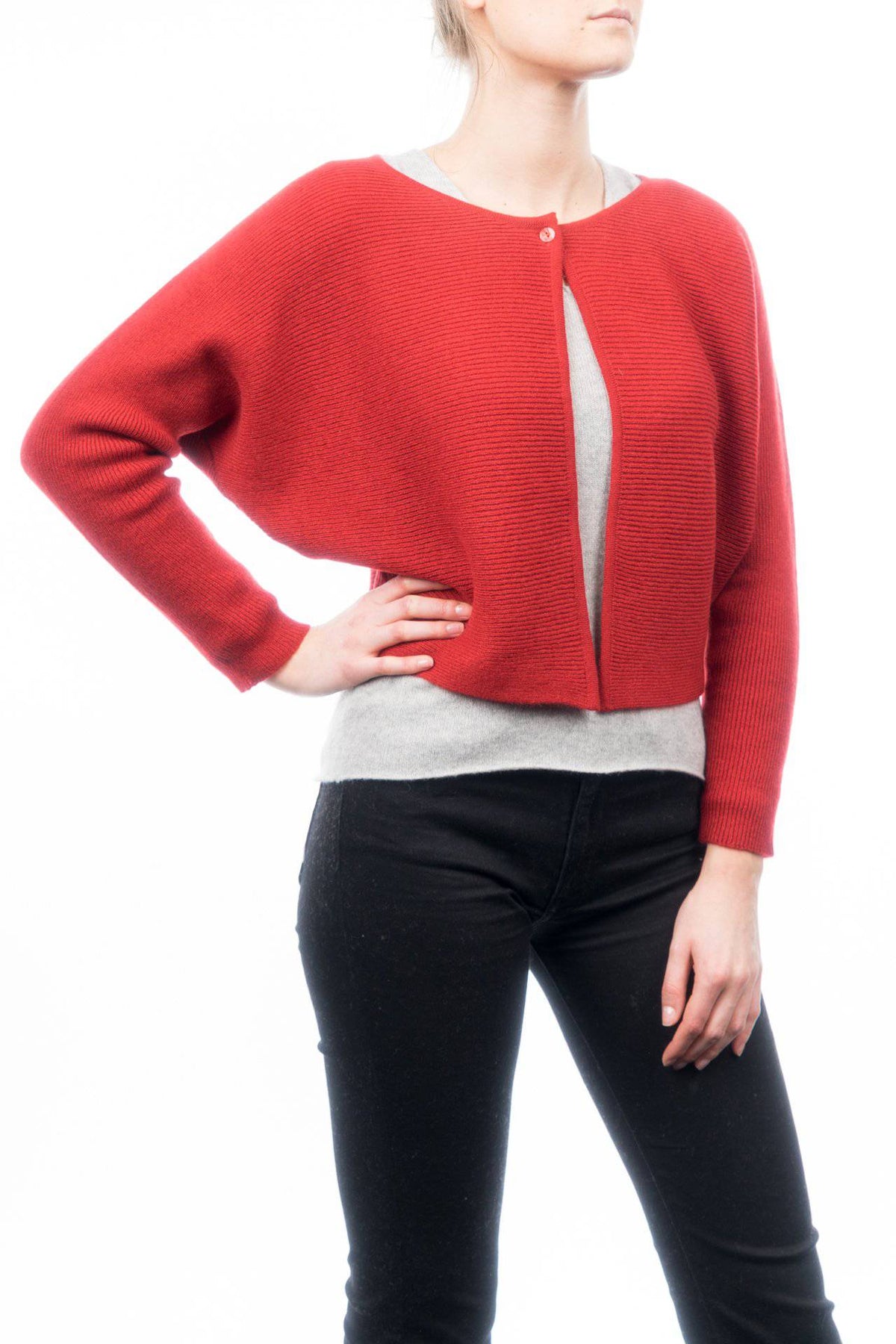 Women's 100% cashmere cropped cardigan, colour Red, view 2 | Dalle Piane Cashmere