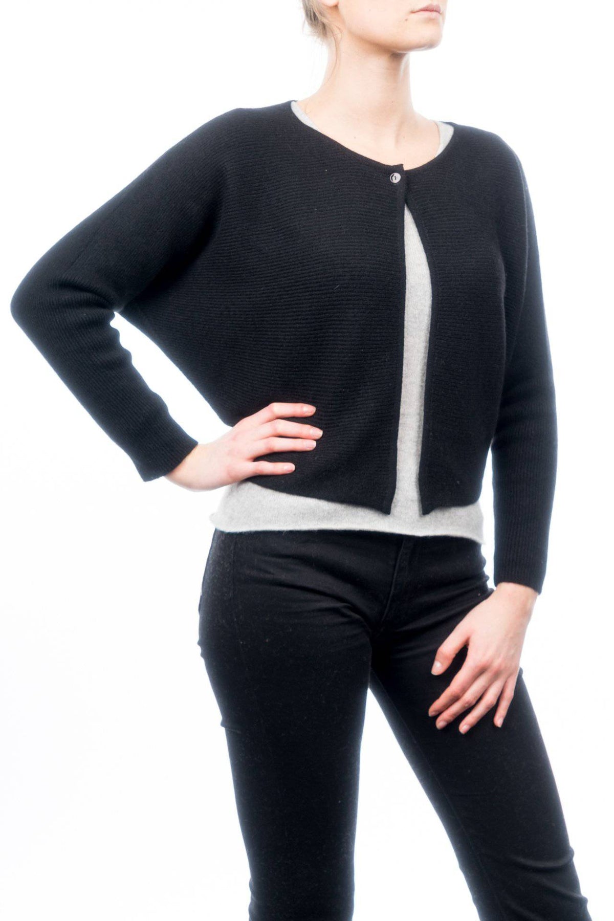 Women's 100% cashmere cropped cardigan, colour Black, view 2 | Dalle Piane Cashmere