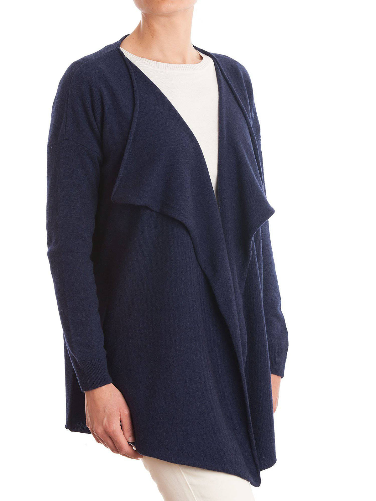 Women's asymmetric cashmere blend cardigan, colour Blue, view 2 | Dalle Piane Cashmere