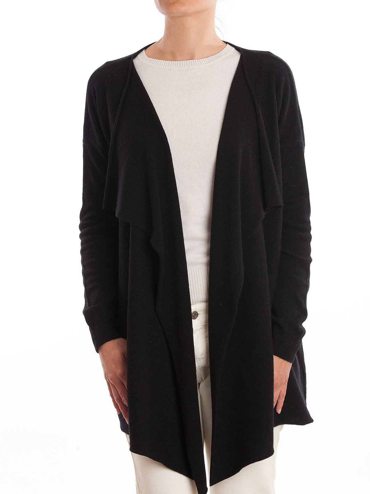 Women's asymmetric cashmere blend cardigan, colour Black | Dalle Piane Cashmere