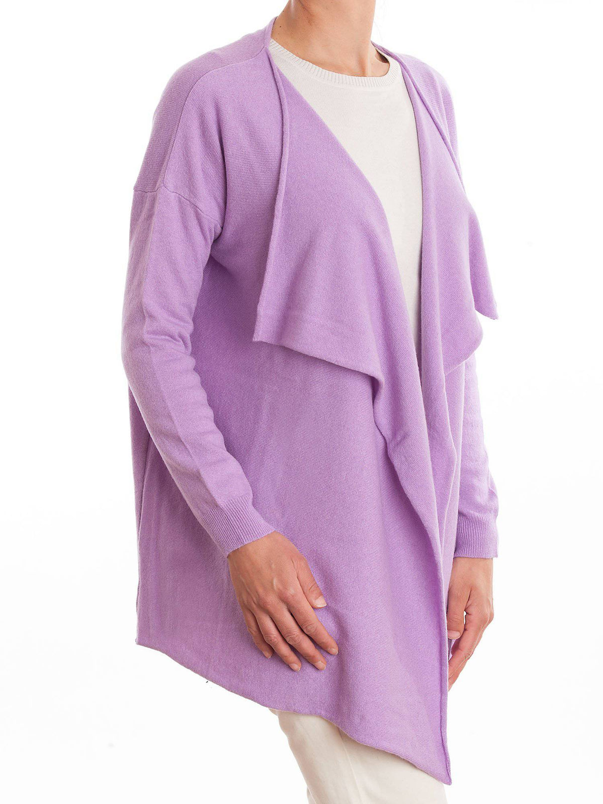 Women's asymmetric cashmere blend cardigan, colour Lilac, view 2 | Dalle Piane Cashmere