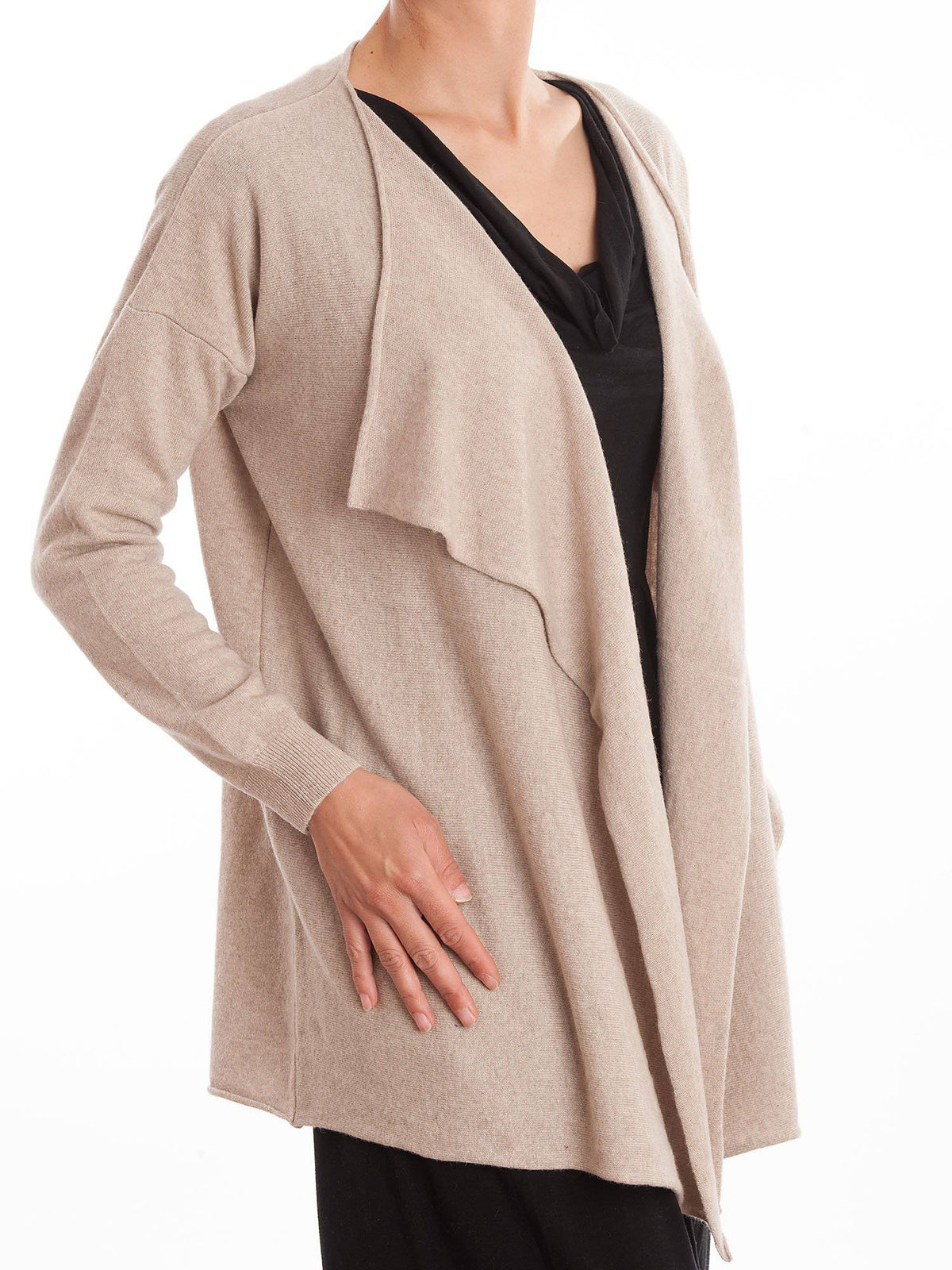Women's asymmetric cashmere blend cardigan, colour Beige, view 2 | Dalle Piane Cashmere