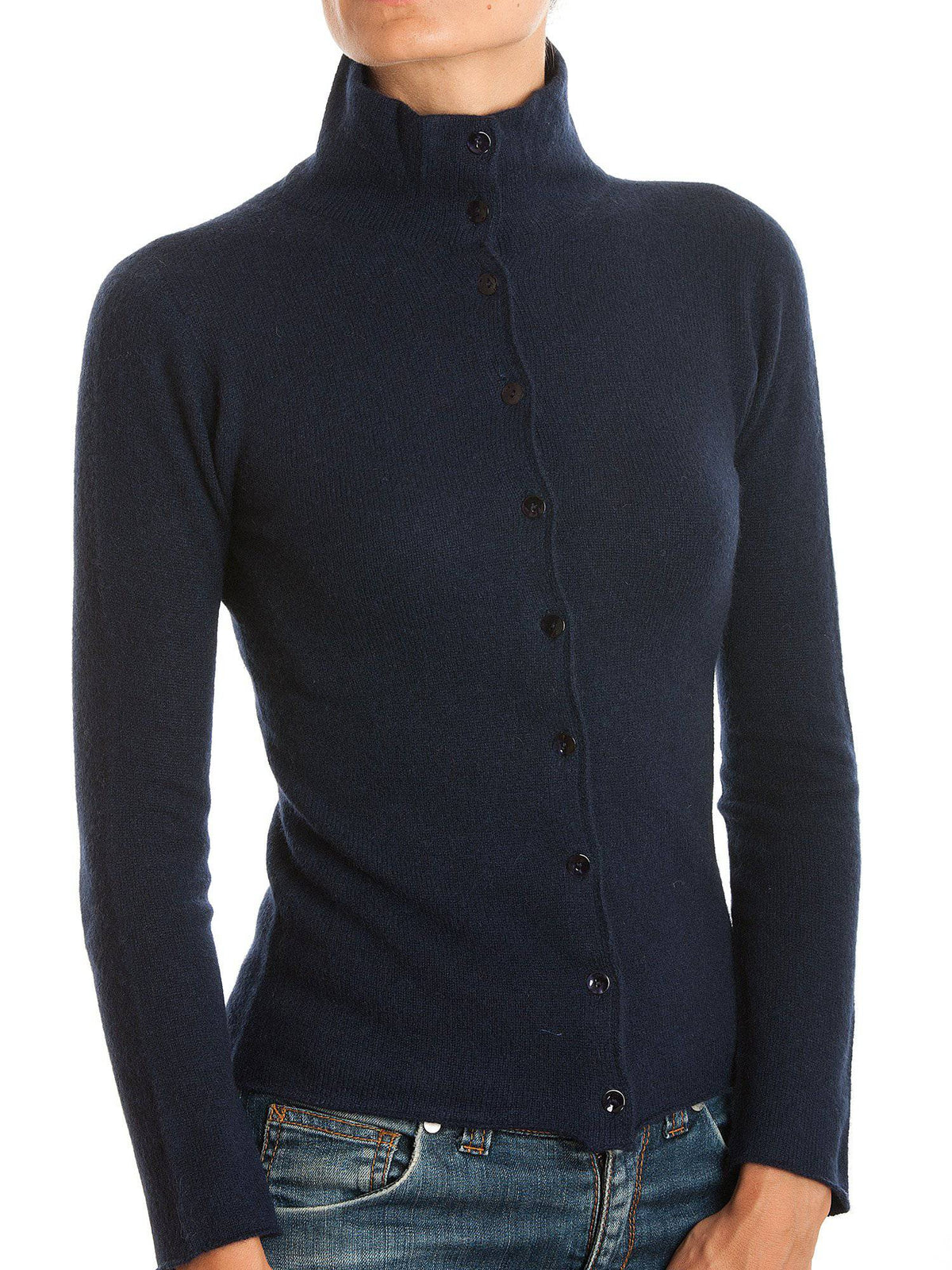 Women's 100% cashmere mock neck bomber, colour Blue | Dalle Piane Cashmere
