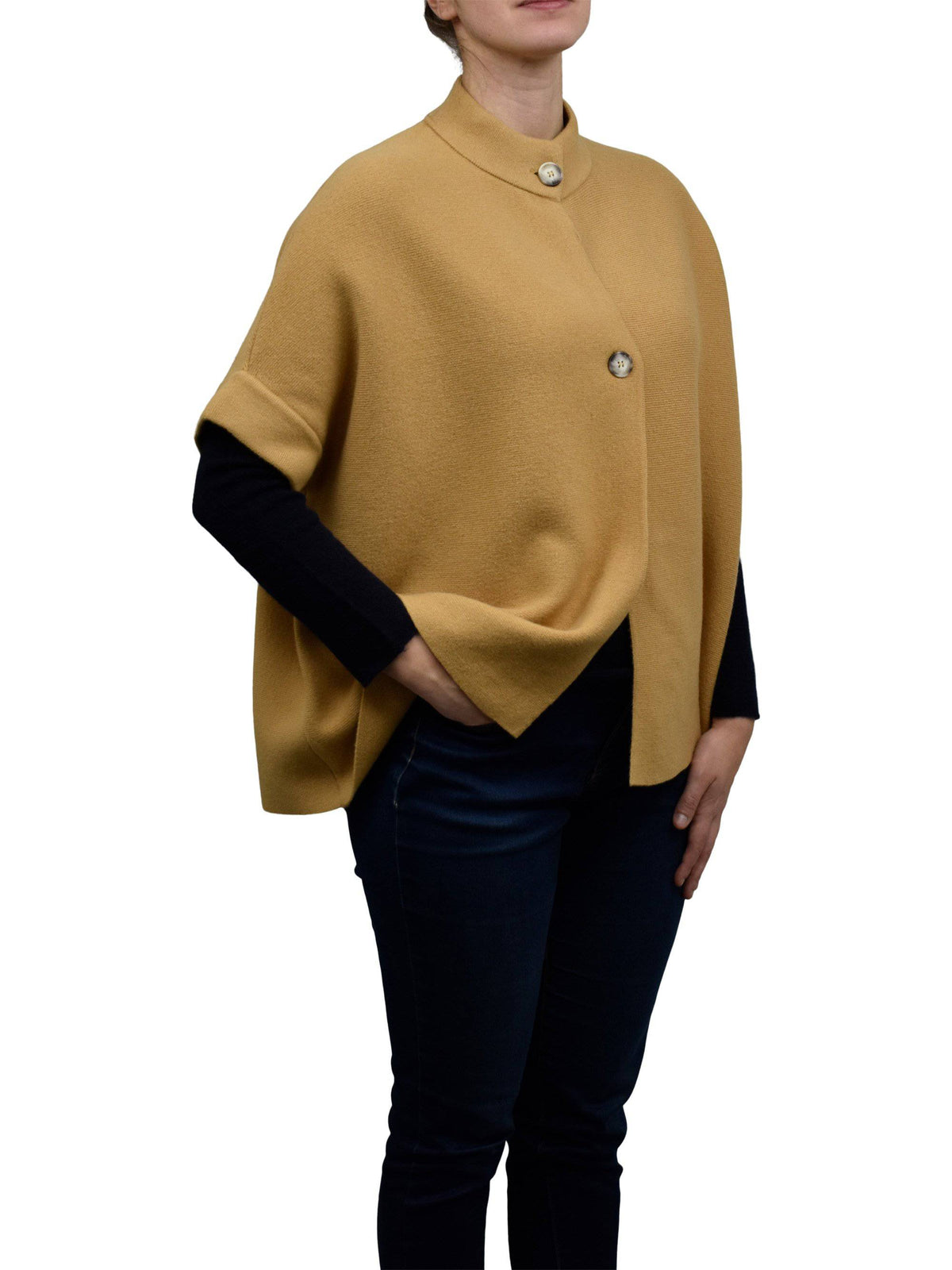Cashmere blend cape with two front buttons, colour Camel | Dalle Piane Cashmere