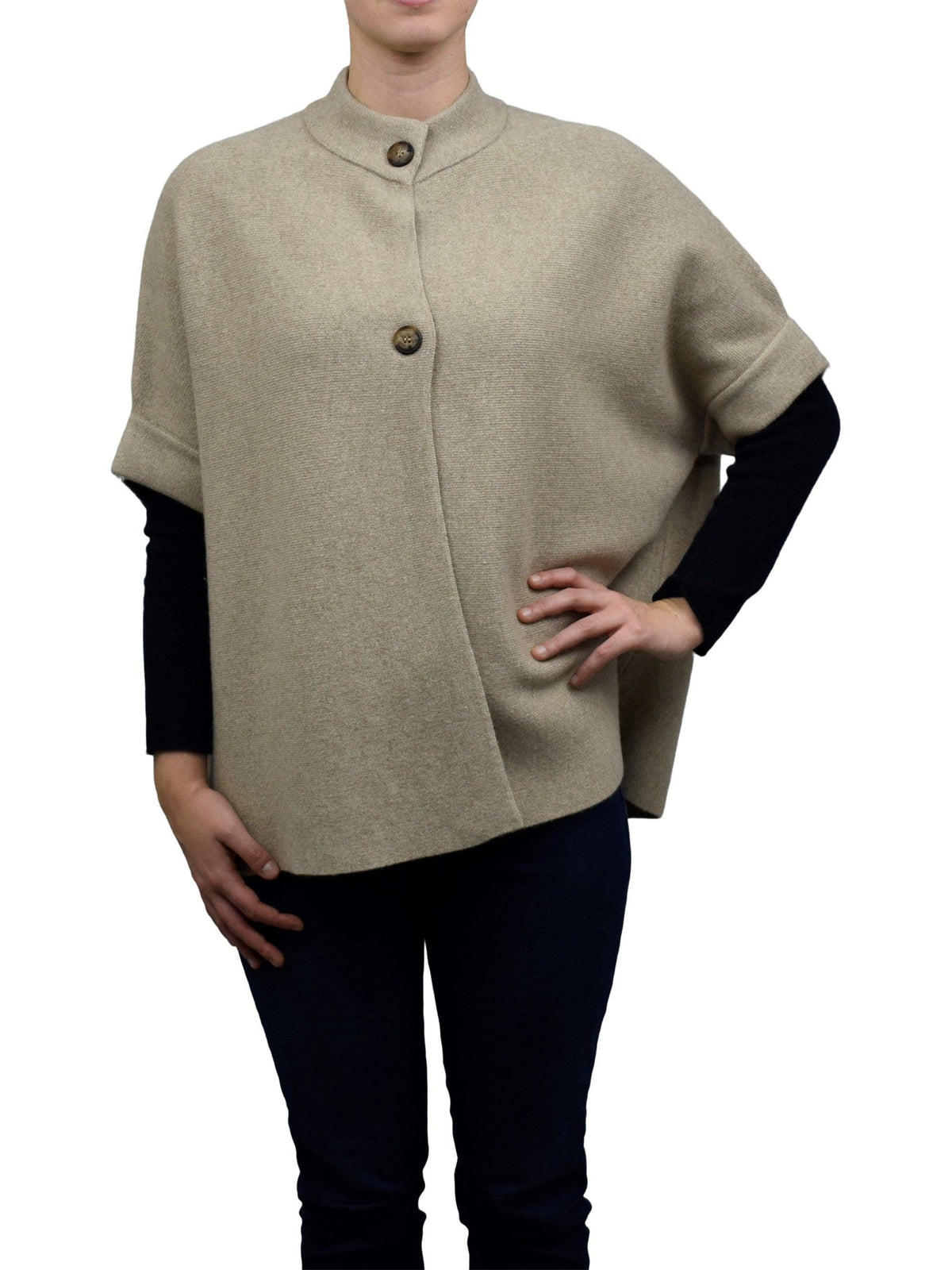 Cashmere blend cape with two front buttons, colour Beige | Dalle Piane Cashmere