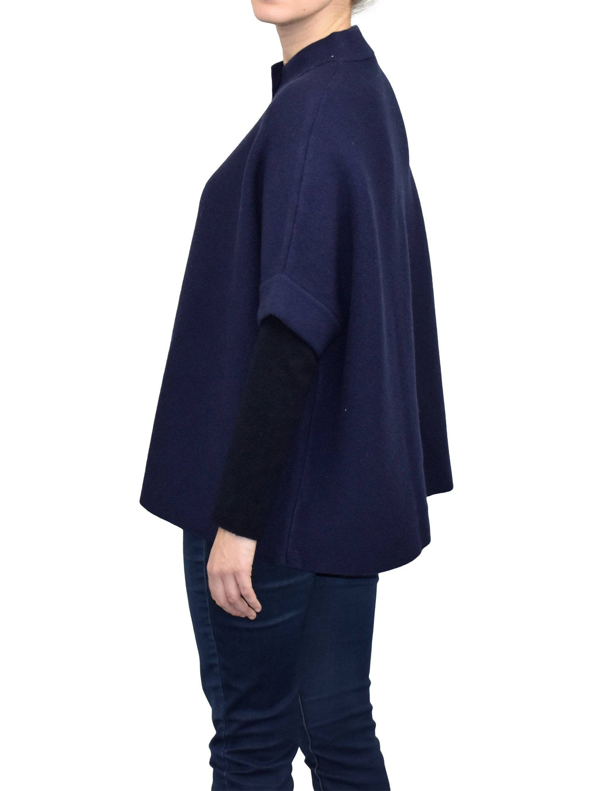 Cashmere blend cape with two front buttons, colour Blue, view 3 | Dalle Piane Cashmere