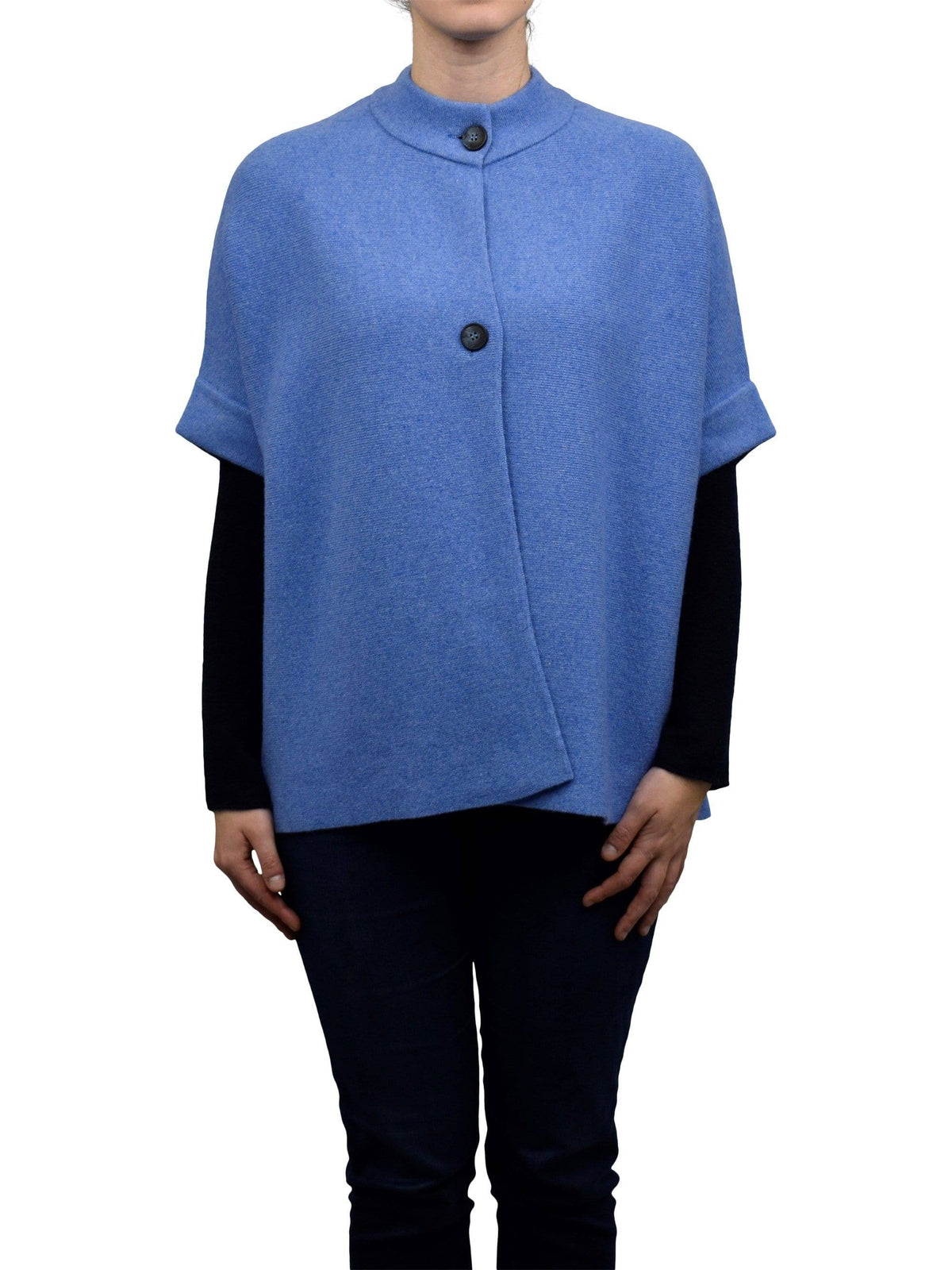 Cashmere blend cape with two front buttons, colour Light Blue | Dalle Piane Cashmere
