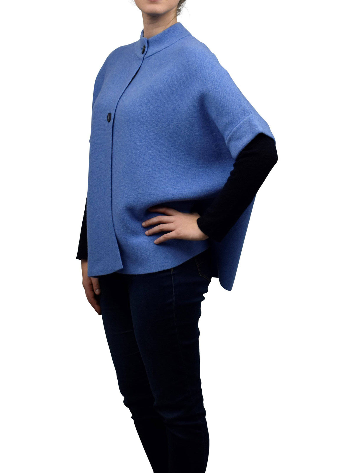 Cashmere blend cape with two front buttons, colour Light Blue, view 2 | Dalle Piane Cashmere