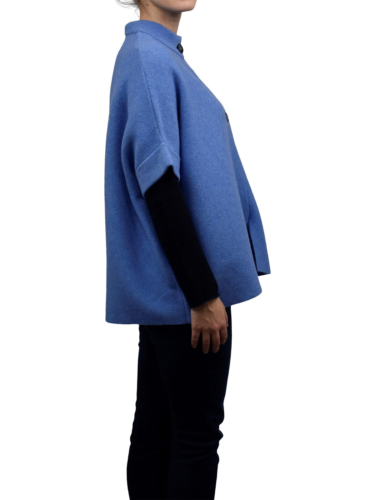 Cashmere blend cape with two front buttons, colour Light Blue, view 3 | Dalle Piane Cashmere