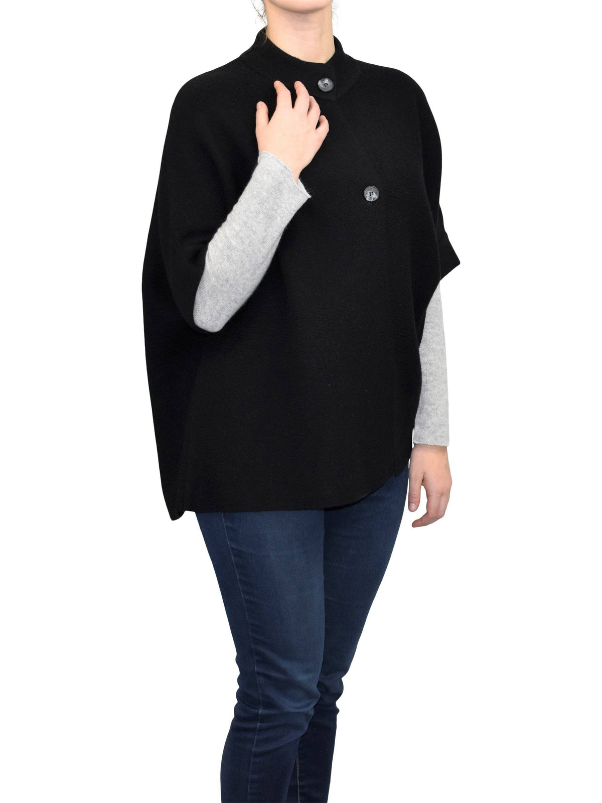 Cashmere blend cape with two front buttons, colour Black, view 2 | Dalle Piane Cashmere